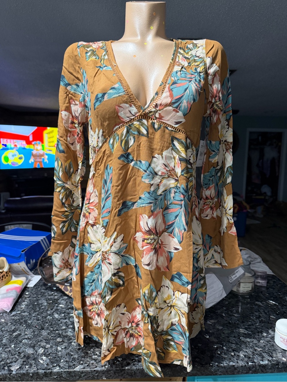O'Neill Mustard Floral V-Neck Long Sleeve Dress